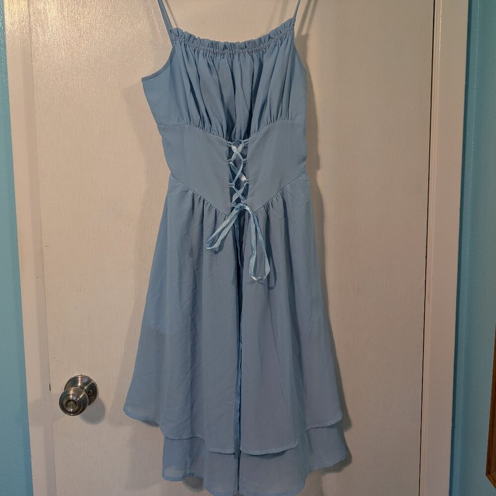 Renaissance style dress, blue with flowy layers